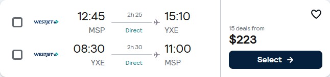 Click here to book this cheap flight deal. Non-stop flights from Minneapolis to Saskatoon, Canada for only $223 roundtrip. Flight deal ticket image.