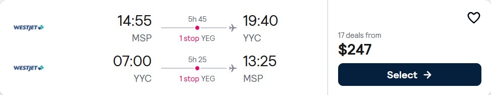 Click here to book this cheap flight deal. Cheap flights from Minneapolis to Calgary, Canada for only $247 roundtrip. Flight deal ticket image.