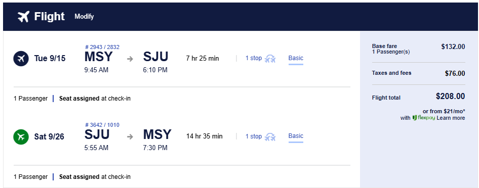 Click here to book this cheap flight deal. Cheap flights from New Orleans, USA to San Juan, Puerto Rico for only $208 roundtrip. Flight deal ticket image.