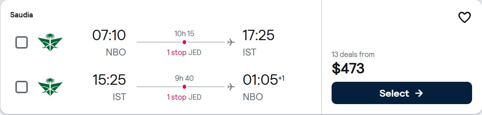 New Year flights from Nairobi, Kenya to Istanbul, Turkey for only $474 USD roundtrip. Flight deal ticket image.