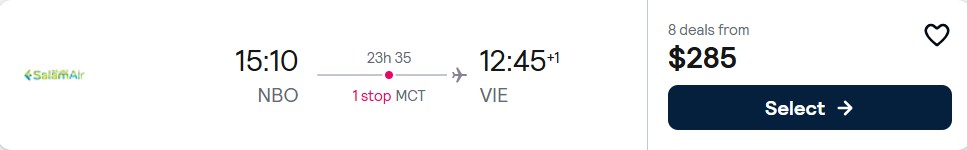 Click here to book this cheap flight deal. Cheap flights from Nairobi, Kenya to Vienna, Austria for only $285 USD one-way. Flight deal ticket image.