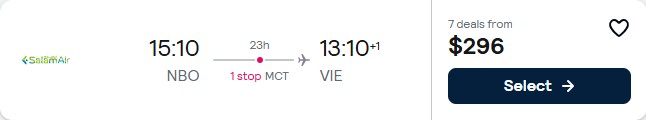 Click here to book this cheap flight deal. Cheap flights from Nairobi, Kenya to Vienna, Austria for only $296 USD one-way. Flight deal ticket image.
