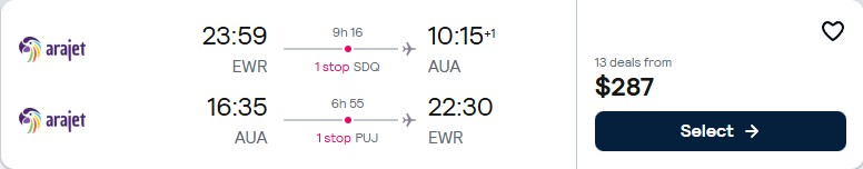 Click here to book this cheap flight deal. Cheap flights from New York to Aruba for only $287 roundtrip. Flight deal ticket image.