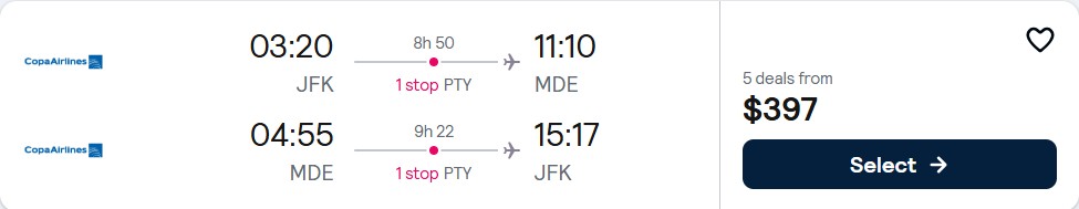Click here to book this cheap flight deal. Cheap flights from New York to Medellin, Colombia for only $397 roundtrip with Copa Airlines. Flight deal ticket image.