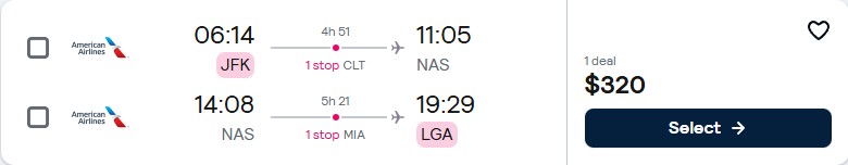 Click here to book this cheap flight deal. Cheap flights from New York to the Bahamas for only $320 roundtrip with American Airlines. Flight deal ticket image.