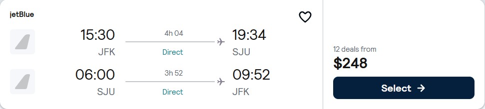 Click here to book this cheap flight deal. Non-stop flights from New York to San Juan, Puerto Rico for only $248 roundtrip with JetBlue. Flight deal ticket image.