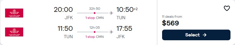 Click here to book this cheap flight deal. Cheap flights from New York to Tunis, Tunisia for only $569 roundtrip with Royal Air Maroc. Flight deal ticket image.