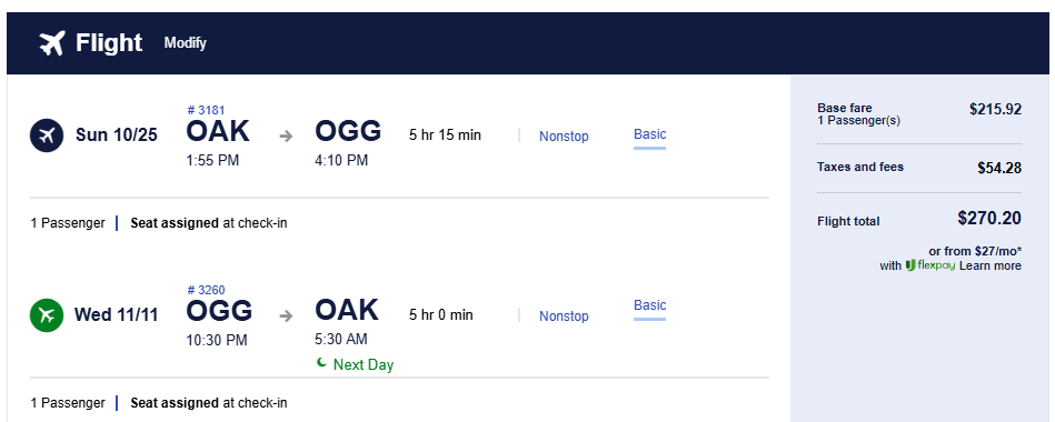 Click here to book this cheap flight deal. Non-stop flights from Oakland, California to Kahului, Hawaii for only $270 roundtrip. Also works in reverse. Flight deal ticket image.