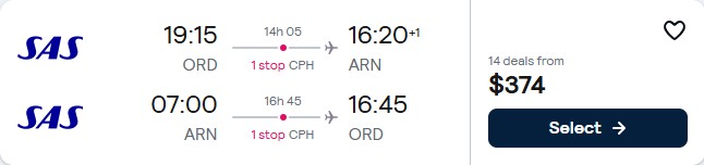 Click here to book this cheap flight deal. Cheap flights from Chicago to Stockholm, Sweden for only $374 roundtrip with Scandinavian Airlines. Flight deal ticket image.