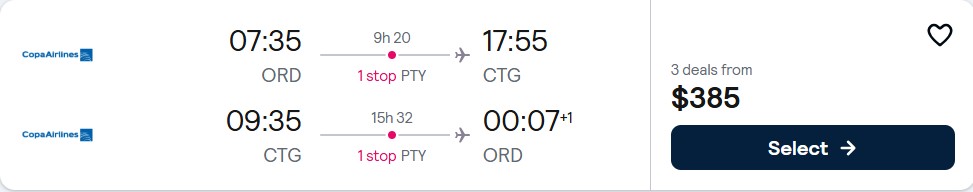 Click here to book this cheap flight deal. Cheap flights from Chicago to Cartagena, Colombia for only $385 roundtrip with Copa Airlines. Flight deal ticket image.