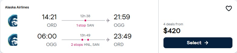 Cheap flights from Chicago to Kahului, Hawaii for only $420 roundtrip with Alaska Airlines. Also works in reverse. Flight deal ticket image.