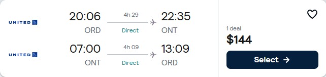 Click here to book this cheap flight deal. Non-stop flights from Chicago to Ontario, California for only $144 roundtrip with United Airlines. Also works in reverse. Flight deal ticket image.