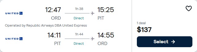 Click here to book this cheap flight deal. Non-stop flights from Chicago to Pittsburgh for only $137 roundtrip with United Airlines. Also works in reverse. Flight deal ticket image.