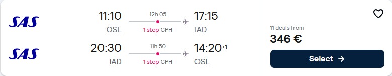 Click here to book this cheap flight deal. Cheap flights from Oslo, Norway to Washington DC, USA for only €346 roundtrip with Scandinavian Airlines. Flight deal ticket image.
