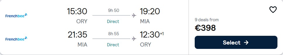 Click here to book this cheap flight deal. Non-stop flights from Paris, France to Miami, USA for only €398 roundtrip. Flight deal ticket image.