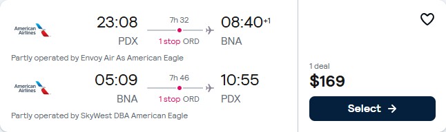 Cheap flights from Portland, Oregon to Nashville for only $169 roundtrip with American Airlines. Also works in reverse. Flight deal ticket image.