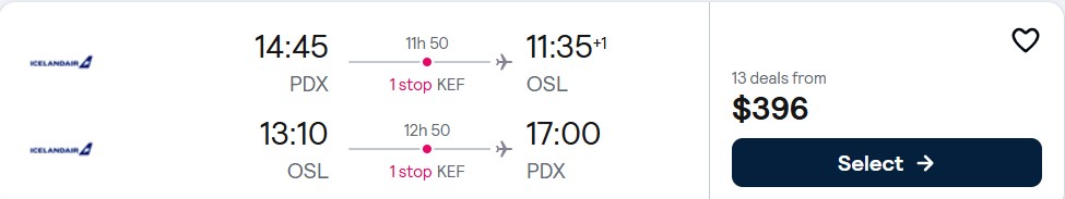 Click here to book this cheap flight deal. Cheap flights from Portland, Oregon to Oslo, Norway for only $396 roundtrip. Flight deal ticket image.