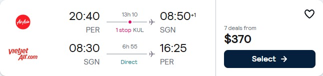 Click here to book this cheap flight deal. Cheap flights from Perth, Australia to Ho Chi Minh City, Vietnam for only $370 AUD roundtrip. Flight deal ticket image.