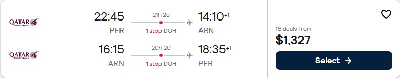 Click here to book this cheap flight deal. Cheap flights from Perth, Australia to Stockholm, Sweden for only $1327 AUD roundtrip with Qatar Airways. Flight deal ticket image.