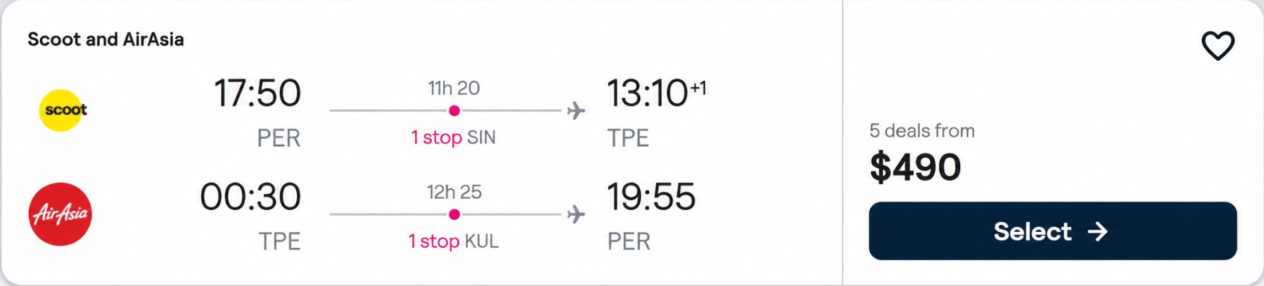 Click here to book this cheap flight deal. Cheap flights from Perth, Australia to Taipei, Taiwan for only $490 AUD roundtrip. Flight deal ticket image.