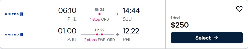 Cheap flights from Philadelphia to San Juan, Puerto Rico for only $250 roundtrip with United Airlines. Flight deal ticket image.