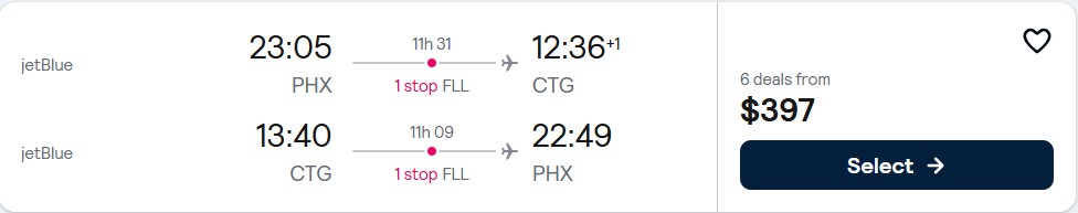 Click here to book this cheap flight deal. Cheap flights from Phoenix, Arizona to Cartagena, Colombia for only $397 roundtrip with JetBlue. Flight deal ticket image.