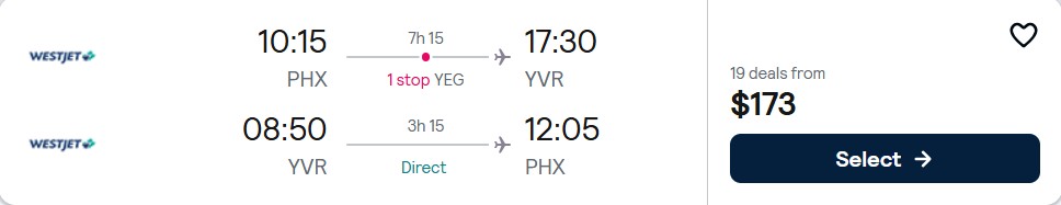 Click here to book this cheap flight deal. Cheap flights from Phoenix, Arizona to Vancouver, Canada for only $164 roundtrip. Flight deal ticket image.