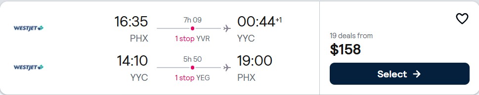 Cheap flights from Phoenix, Arizona to Calgary, Canada for only $159 roundtrip. Flight deal ticket image.