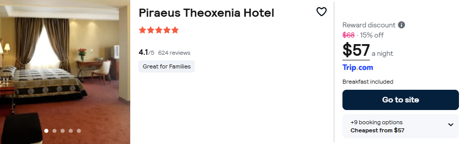 Stay at the 5* Piraeus Theoxenia Hotel in Athens, Greece for only $57 USD per night over Christmas and New Year. Flight deal ticket image.