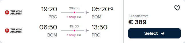 Click here to book this cheap flight deal. Cheap flights from Prague, Czech Republic to Mumbai or Delhi, India from only €389 roundtrip with Turkish Airlines. Flight deal ticket image.