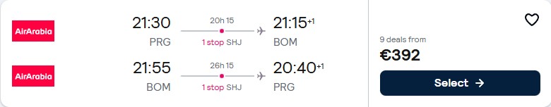 Cheap flights from Prague, Czech Republic to Mumbai, India for only €392 roundtrip. Flight deal ticket image.
