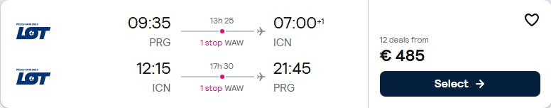 Click here to book this cheap flight deal. Cheap flights from Prague, Czech Republic to Seoul, South Korea for only €485 roundtrip with LOT Polish Airlines. Flight deal ticket image.