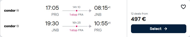Click here to book this cheap flight deal. Cheap flights from Prague, Czech Republic to Johannesburg, South Africa for only €497 roundtrip. Flight deal ticket image.