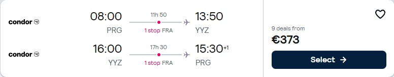 Click here to book this cheap flight deal. Cheap flights from Prague, Czech Republic to Toronto, Canada for only €373 roundtrip. Flight deal ticket image.