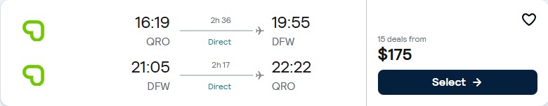 Click here to book this cheap flight deal. Non-stop flights from Queretaro, Mexico to Dallas, Texas for only $175 USD roundtrip. Flight deal ticket image.