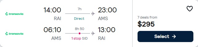 Click here to book this cheap flight deal. Cheap flights from Praia, Cape Verde to Amsterdam, Netherlands for only $295 USD roundtrip. Flight deal ticket image.