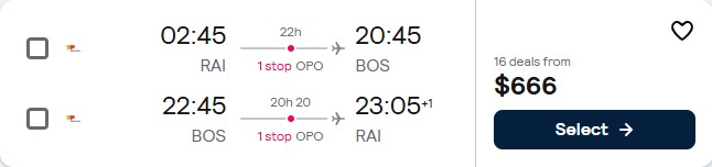 Cheap flights from Praia, Cape Verde to Boston, USA for only $666 USD roundtrip with TAP Air Portugal. Flight deal ticket image.