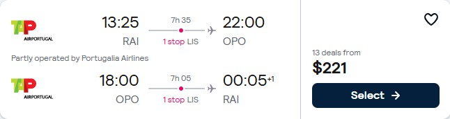 Click here to book this cheap flight deal. Cheap flights from Praia, Cape Verde to Porto, Portugal for only $222 USD roundtrip with TAP Air Portugal. Flight deal ticket image.