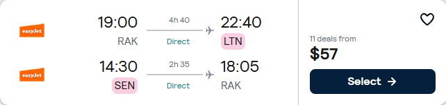 Click here to book this cheap flight deal. Non-stop flights from Marrakesh, Morocco to London, UK for only $57 USD roundtrip. Flight deal ticket image.