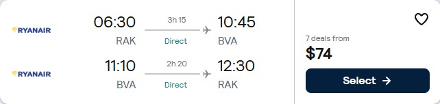 Non-stop, Christmas and New Year flights from Marrakesh, Morocco to Paris, France for only $74 USD roundtrip. Flight deal ticket image.