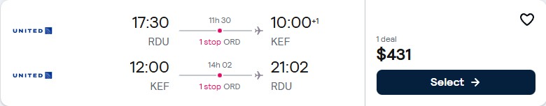 Click here to book this cheap flight deal. Cheap flights from Raleigh, North Carolina to Reykjavik, Iceland for only $431 roundtrip with United Airlines. Flight deal ticket image.