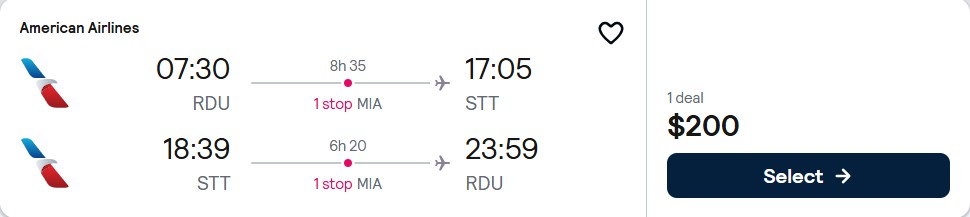 Click here to book this cheap flight deal. Cheap flights from Raleigh, North Carolina to the US Virgin Islands for only $200 roundtrip with American Airlines. Flight deal ticket image.