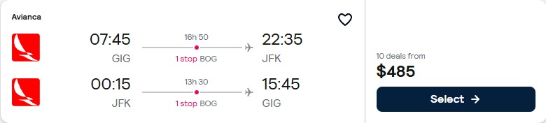 Click here to book this cheap flight deal. Cheap flights from Rio de Janeiro, Brazil to New York, USA for only $485 USD roundtrip with Avianca. Flight deal ticket image.