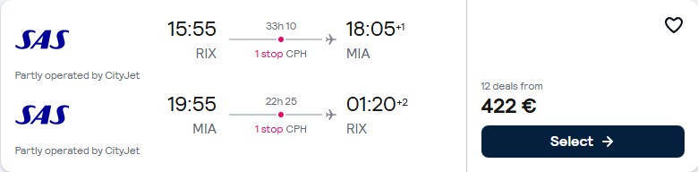 Click here to book this cheap flight deal. Cheap flights from the Baltics to Miami, USA from only €409 roundtrip with Scandinavian Airlines. Flight deal ticket image.