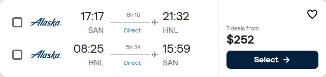 Click here to book this cheap flight deal. Non-stop flights from San Diego to Honolulu, Hawaii for only $252 roundtrip with Alaska Airlines. Also works in reverse. Flight deal ticket image.