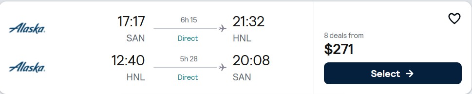 Click here to book this cheap flight deal. Non-stop flights from San Diego to Honolulu, Hawaii for only $271 roundtrip with Alaska Airlines. Also works in reverse. Flight deal ticket image.