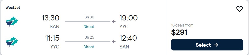 Click here to book this cheap flight deal. Non-stop flights from San Diego to Calgary, Canada for only $291 roundtrip. Flight deal ticket image.