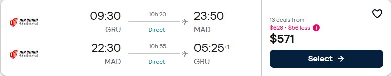Non-stop flights from Sao Paulo, Brazil to Madrid, Spain for only $571 USD roundtrip. Flight deal ticket image.