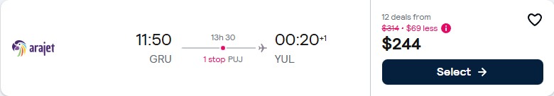 Click here to book this cheap flight deal. Cheap flights from Sao Paulo or Rio de Janeiro, Brazil to Montreal, Canada from only $244 USD one-way. Flight deal ticket image.