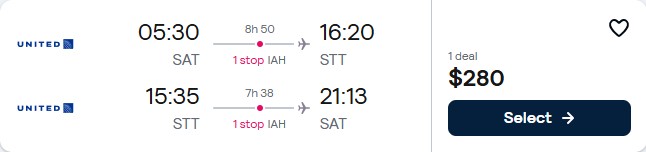 Cheap flights from San Antonio, Texas to the US Virgin Islands for only $280 roundtrip with United Airlines. Flight deal ticket image.
